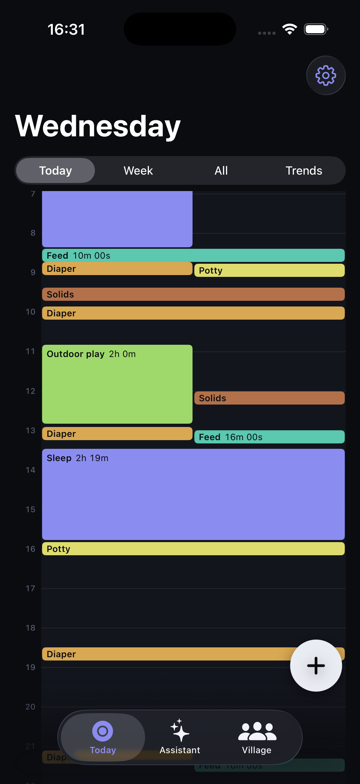 Nova Baby's 24-hour Today graph showing sleep, feeds, diapers, solids and play