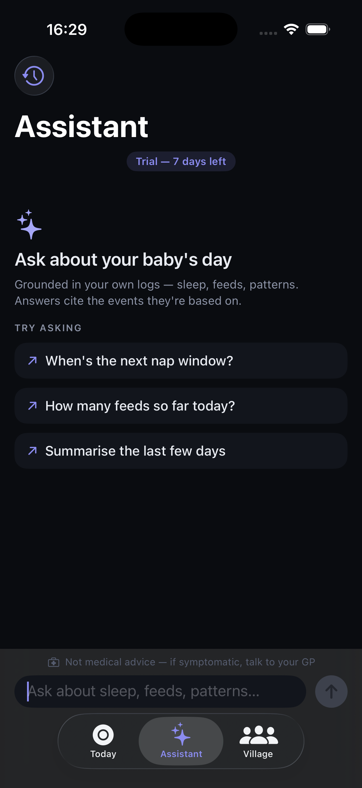 Nova Assistant with suggested questions about naps, feeds and recent patterns