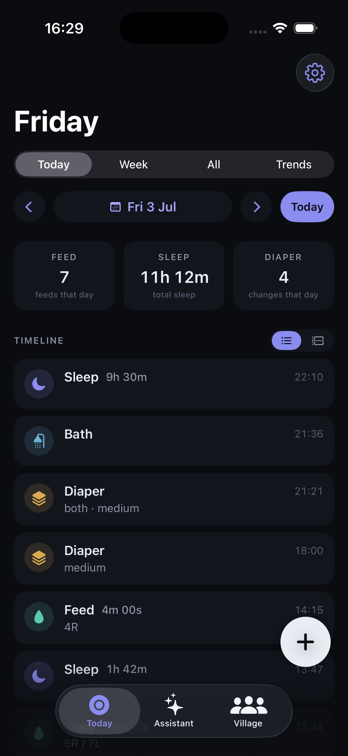 Today timeline listing sleep, feeds, diapers and a bath